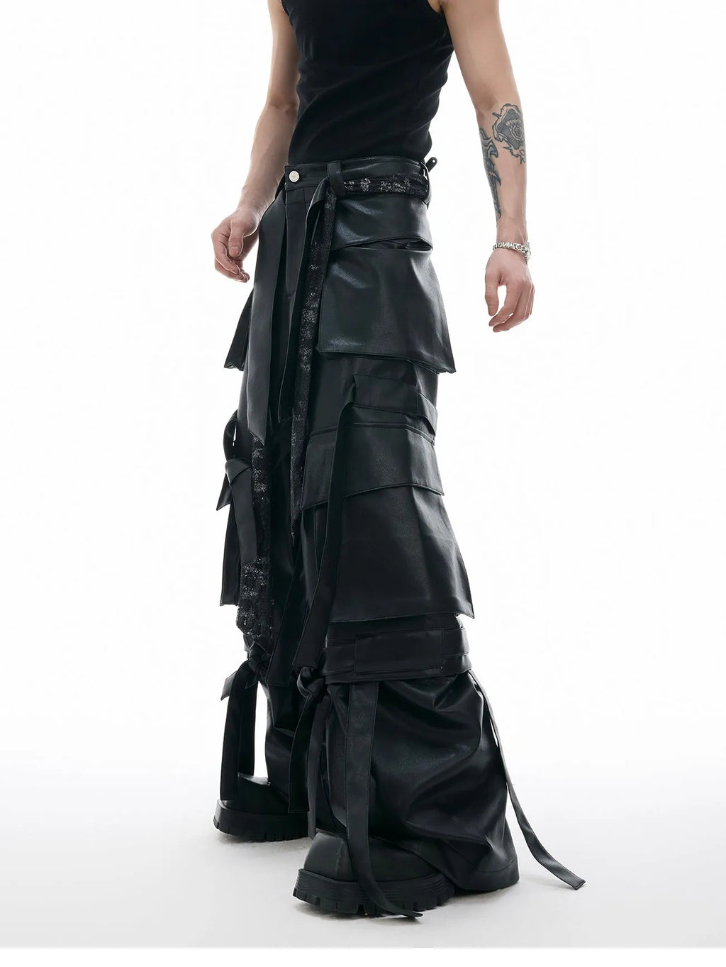Black loose fit retro-style trousers with quilted stitching and multiple pockets
