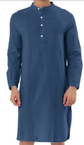 Men's button-front shirt robe in a cotton blend fabric with two front pockets
