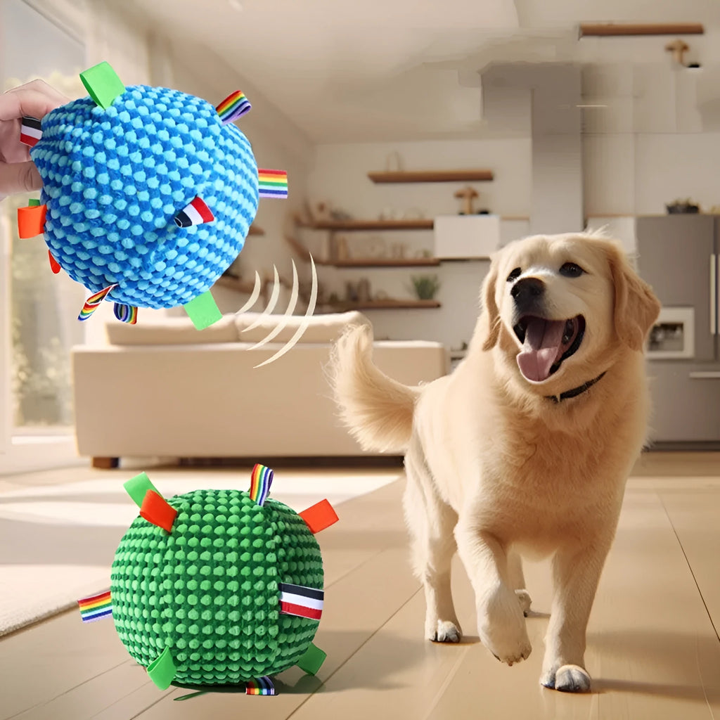 Blue and green pineapple lattice dog ball with ring, approximately 17cm diameter
