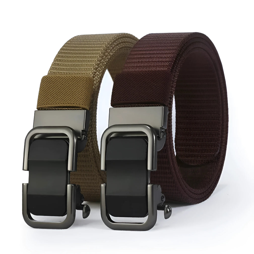 Men's nylon canvas belt in army green with an alloy buckle, laid flat showing 120cm length.