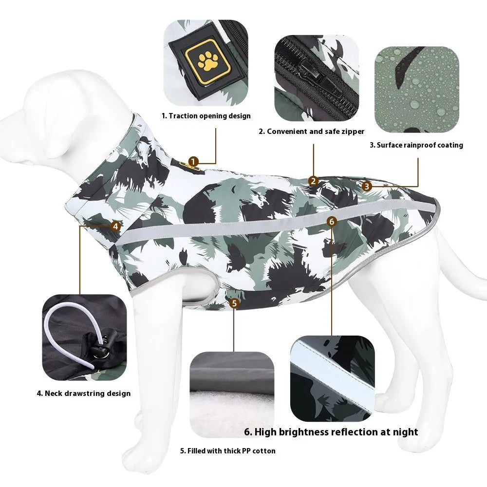 Dog wearing reflective winter jacket with geometric pattern design