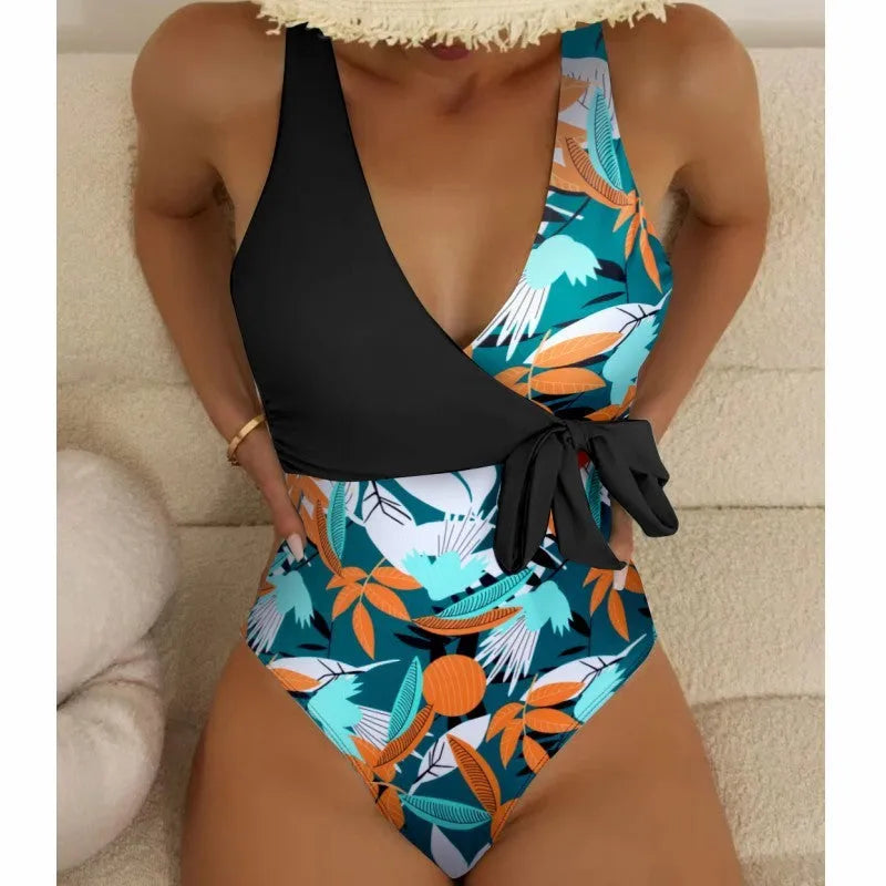 Women's high waist one-piece bikini in printed pattern with quick-dry polyester fabric