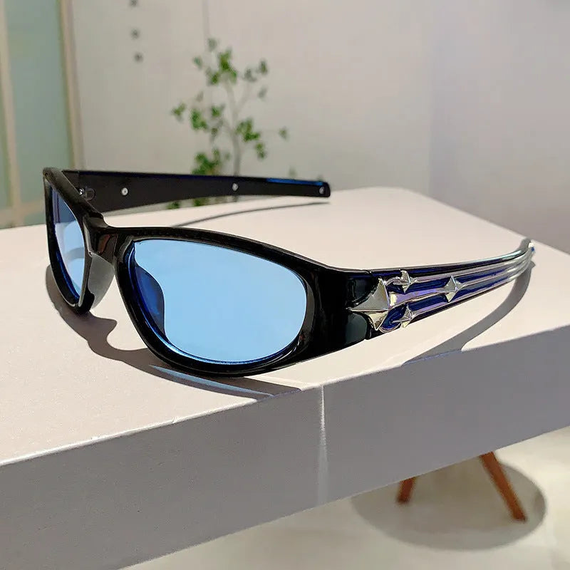 Outdoor sports sunglasses with PC frame in black with blue lens, windproof design for active wear
