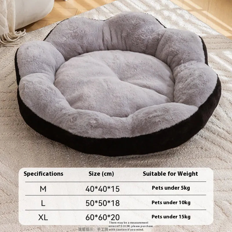 Round thick rabbit plush cat bed with removable cover in yellow brown, shown in L size.