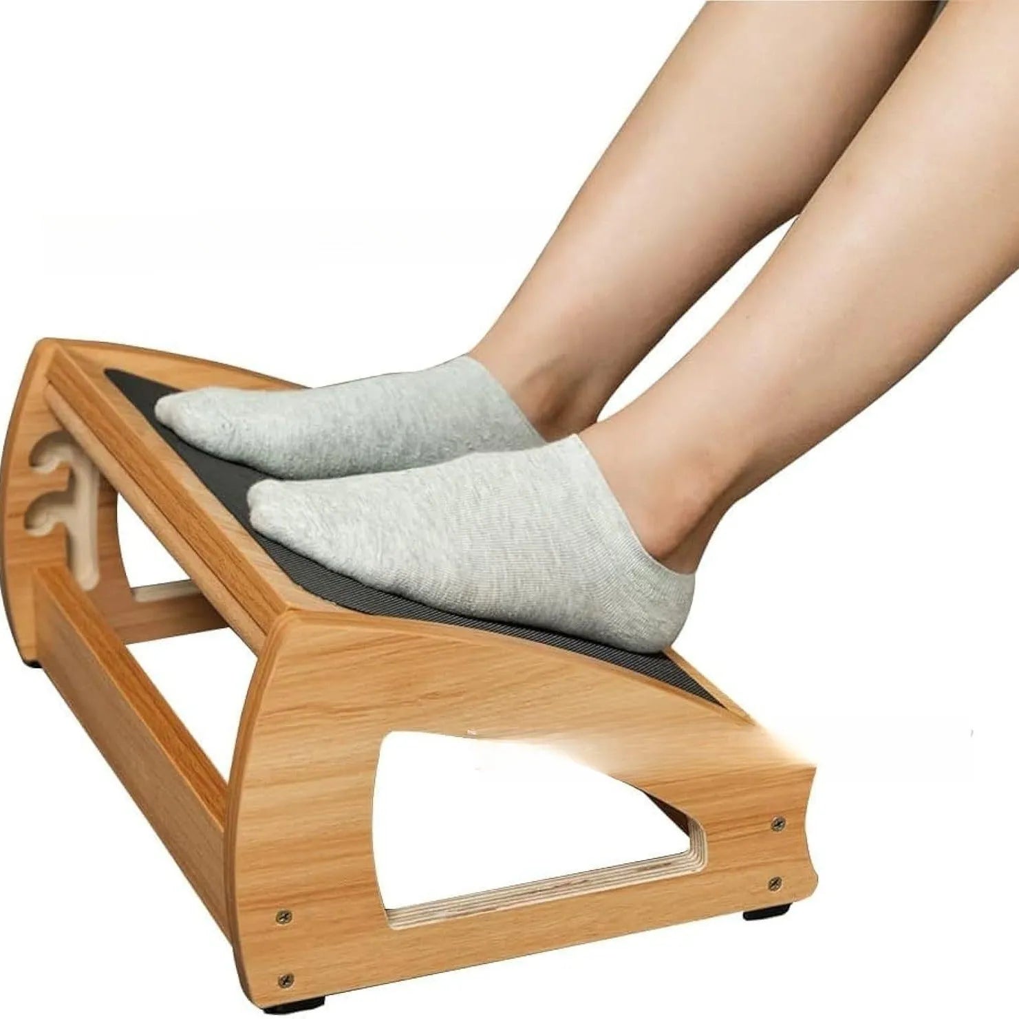 Wooden bamboo adjustable office desk footstool in natural wood colour, showing modern minimalist design.