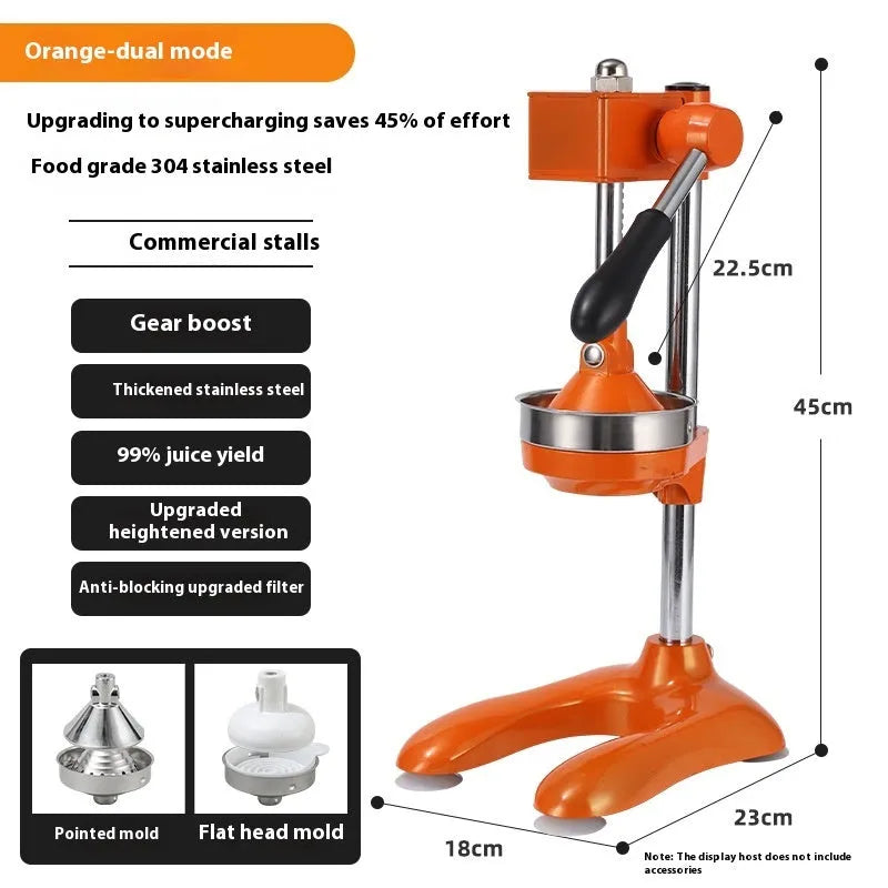 Vertical stainless steel manual juicer with multiple tip and colour options