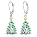 A pair of star-shaped copper earrings with a Christmas tree design, plated in a white gold colour.