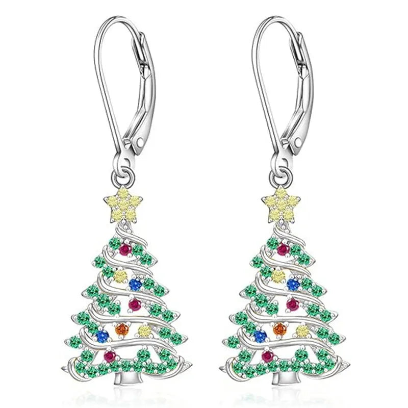 A pair of star-shaped copper earrings with a Christmas tree design, plated in a white gold colour.