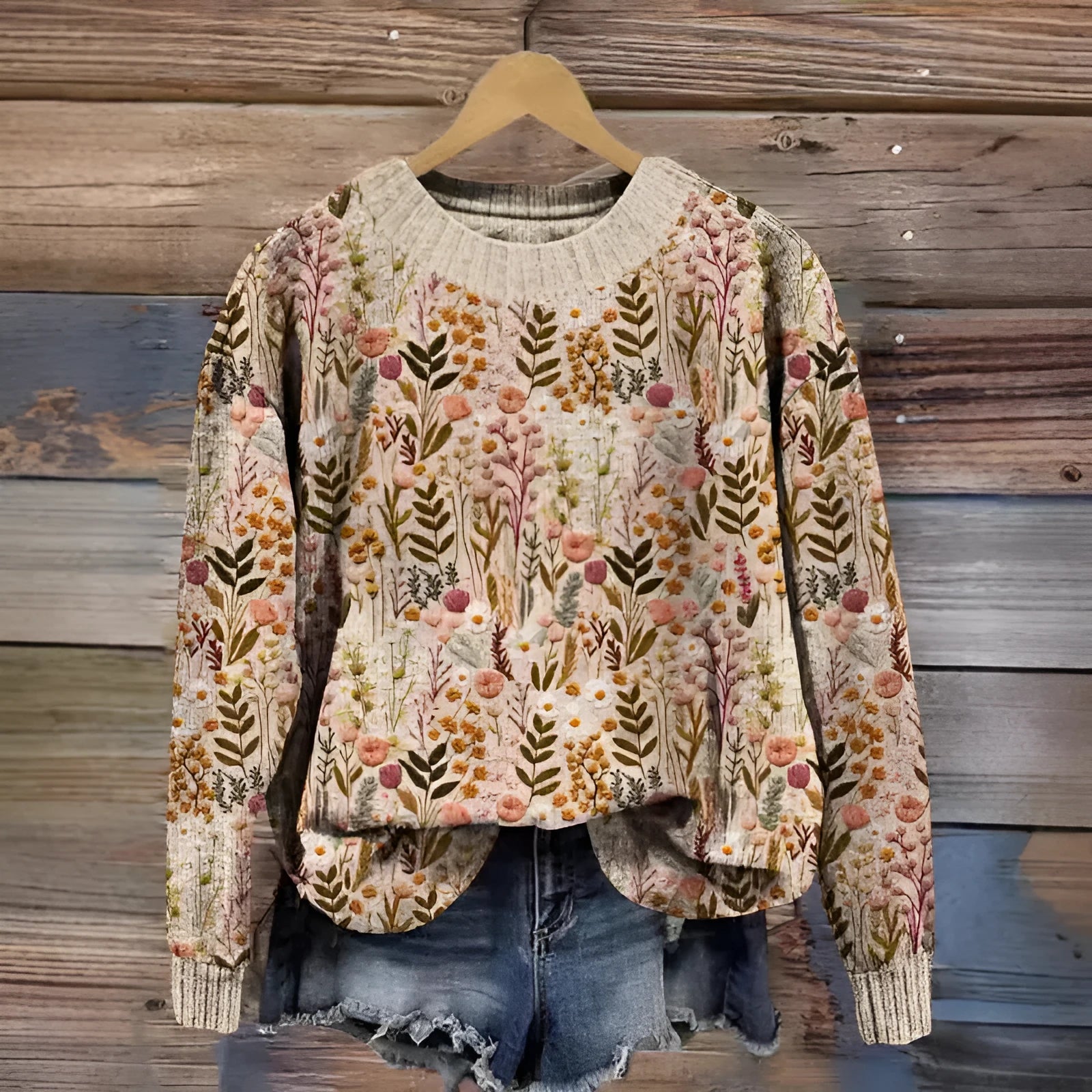 Women's lilac floral printed round neck sweater on a hanger showing the knitted texture.