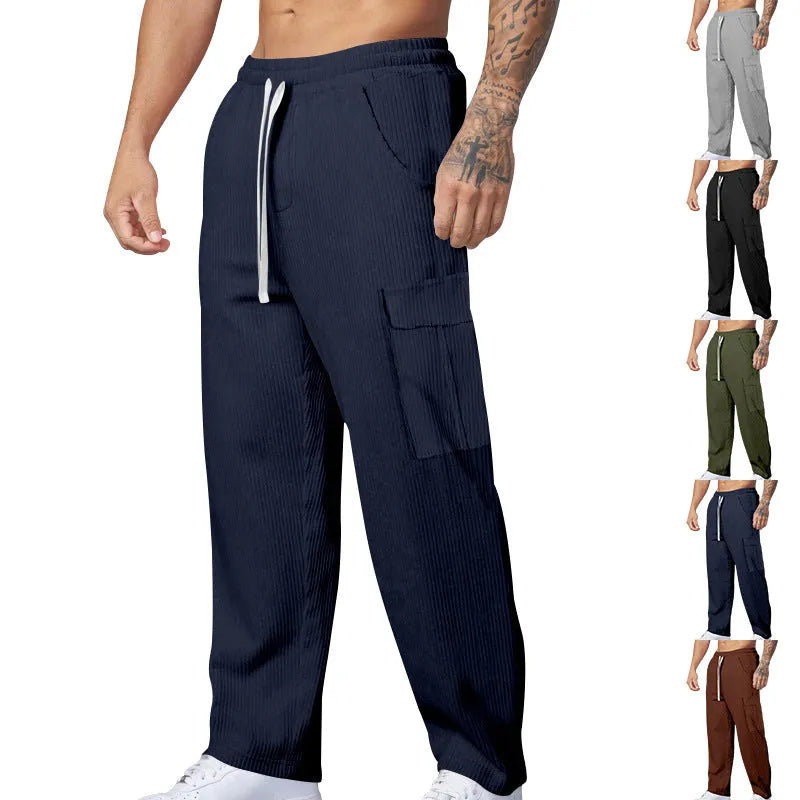 Men's corduroy cargo trousers in straight-leg design with drawstring waist available in multiple colours