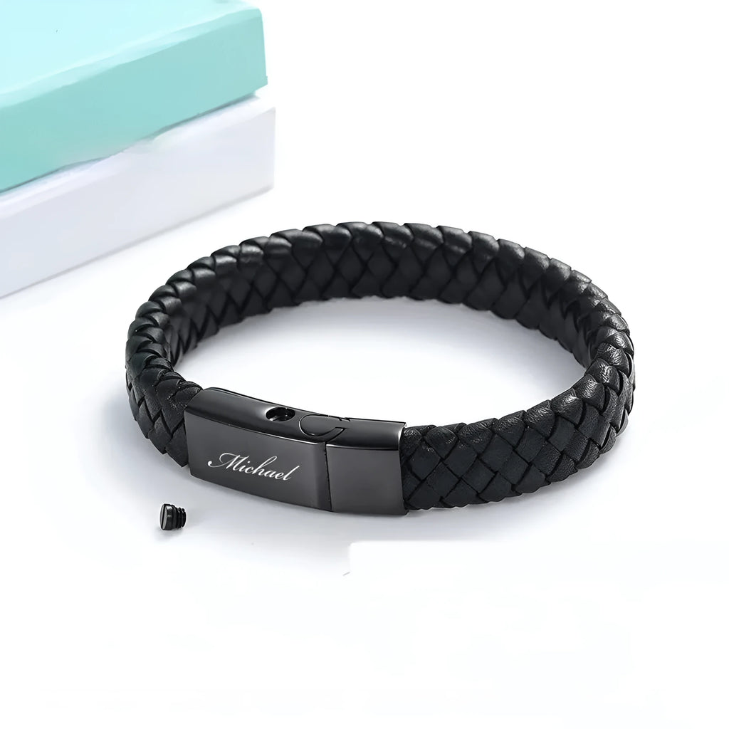 Black leather woven stainless steel memorial bracelet with engraved text in gift box