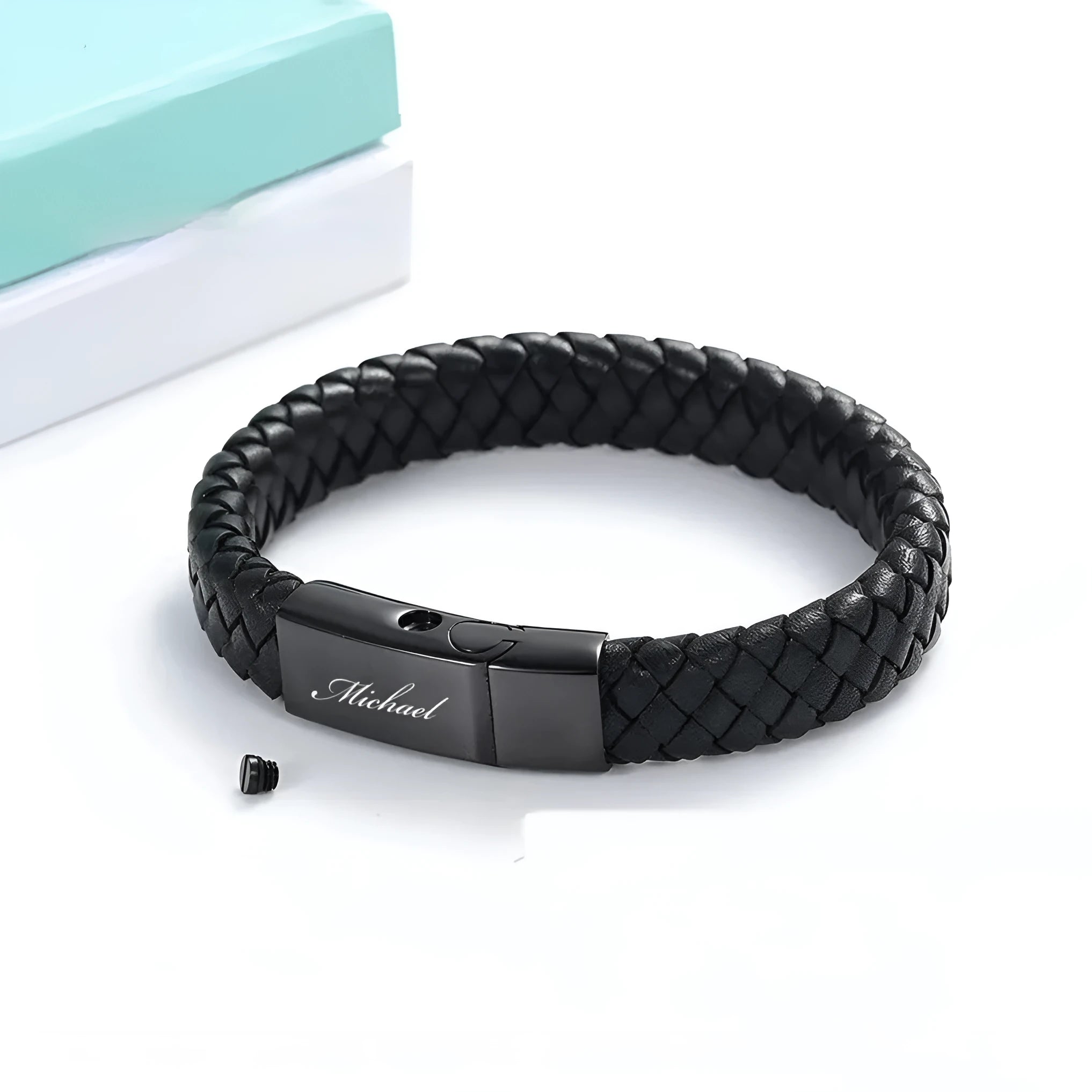 Black leather woven stainless steel memorial bracelet with engraved text in gift box