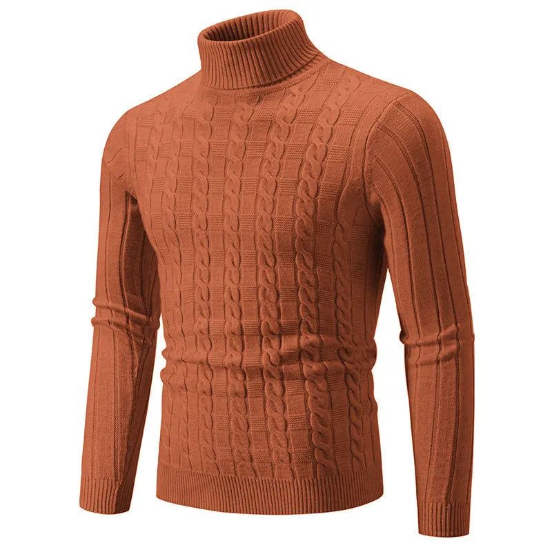 Men's slim fit chenille turtleneck pullover sweater in neutral colour on mannequin