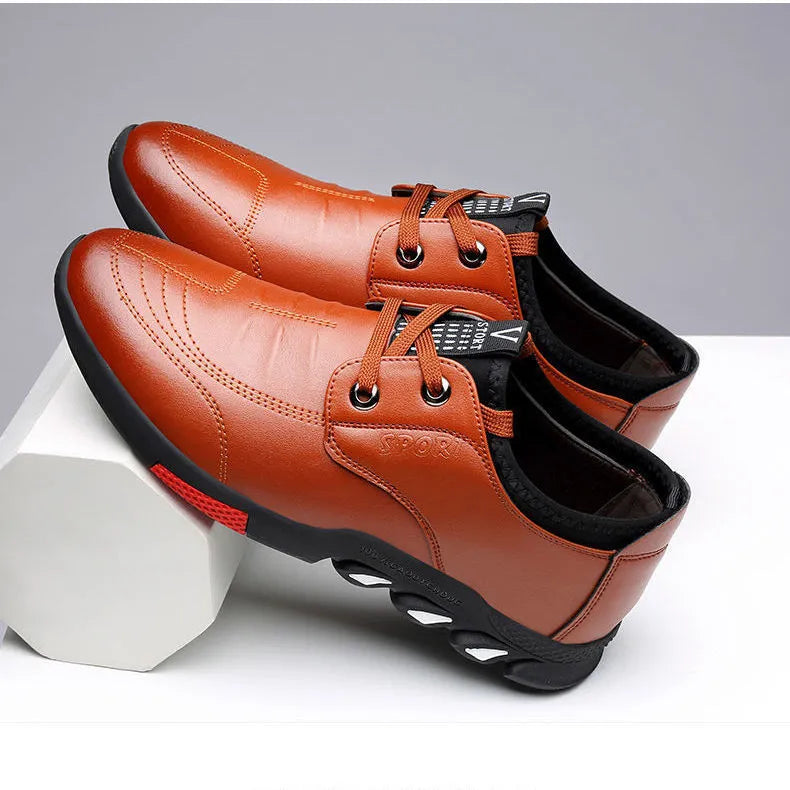 Men's black and brown PU leather business shoes with plain toe and flat heel.
