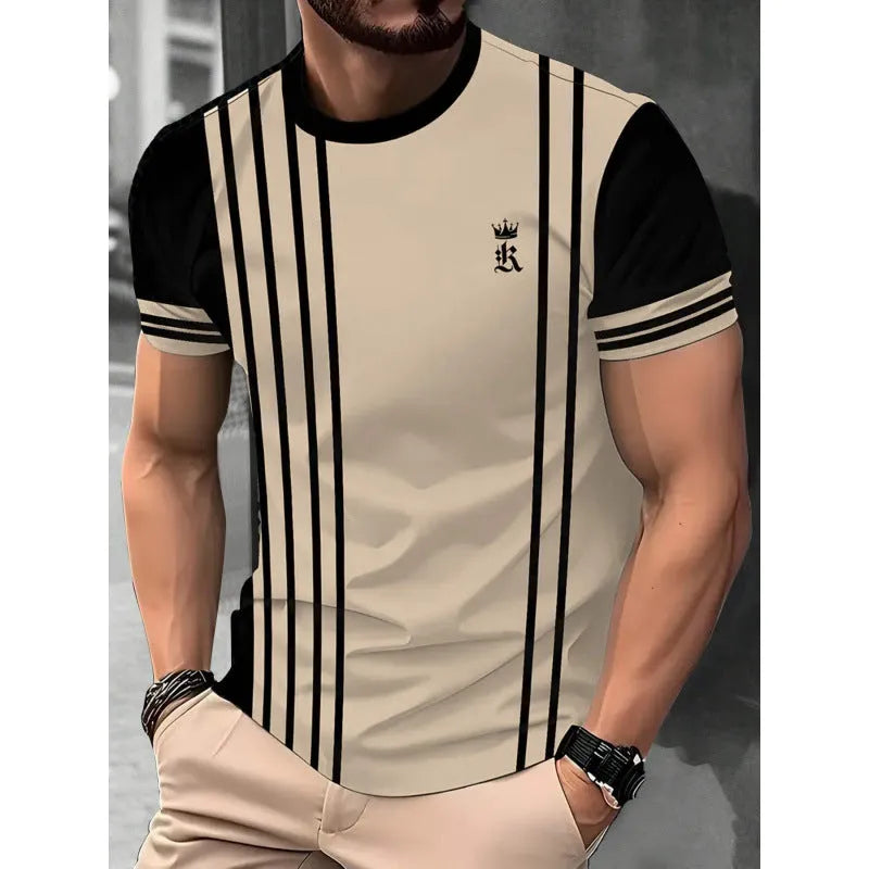 Man wearing a loose-fit short sleeve t-shirt with a raised digital 3D printed stripe pattern in blue.