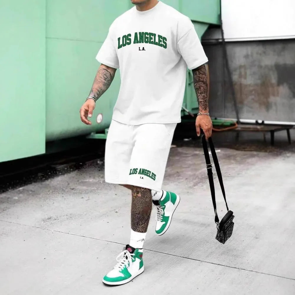Men's 3D printed personality letter short sleeve top and shorts set in sports leisure style