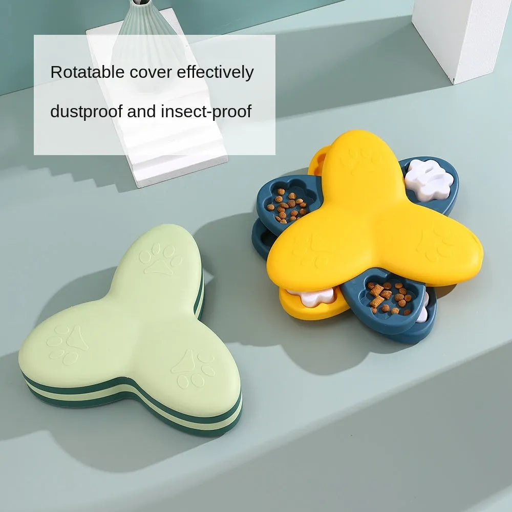 Green and yellow dog puzzle toy with nine bone-shaped covers on a non-slip base.