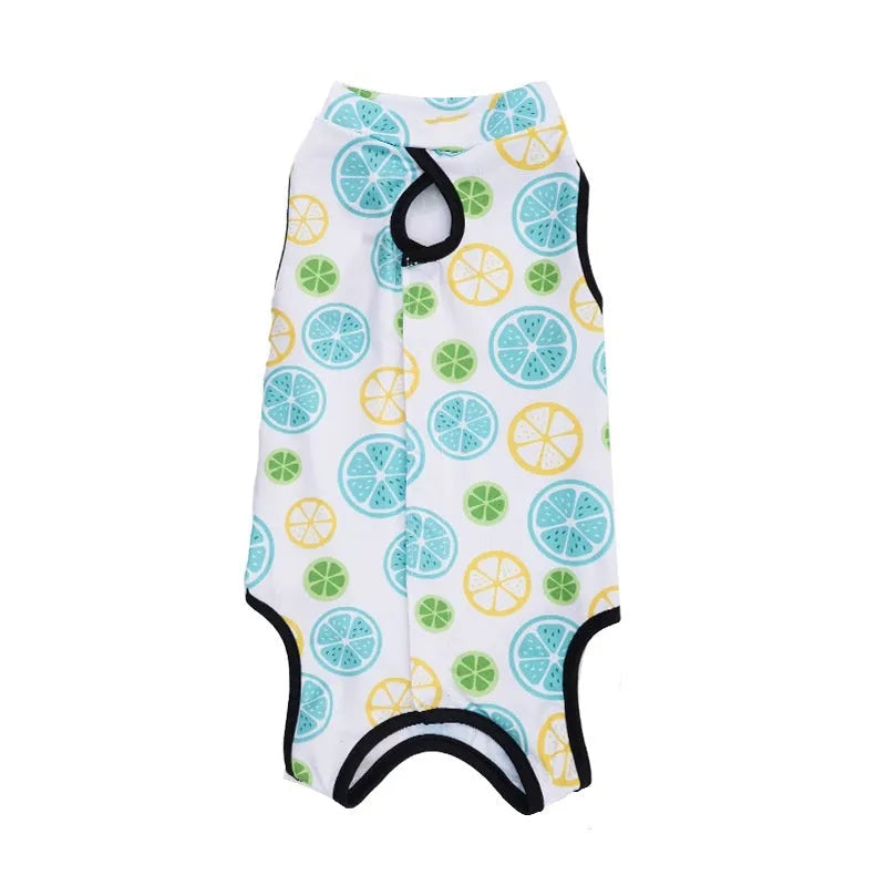 Polyester cat recovery suit with Velcro fasteners for post-sterilisation wound protection in various colours.