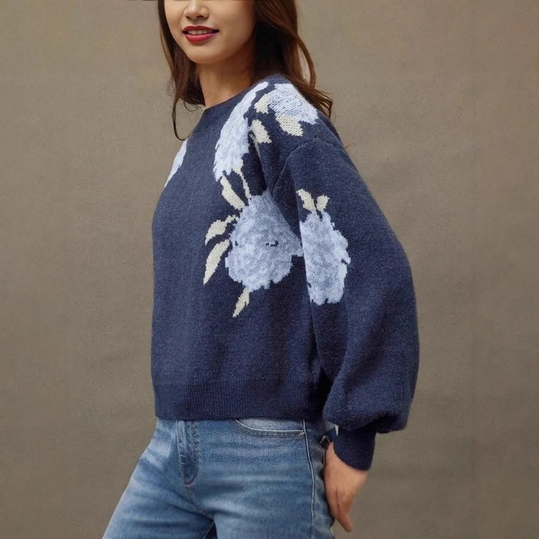 Women's sapphire blue pullover sweater with flower jacquard pattern, off-neck design, and loose fit