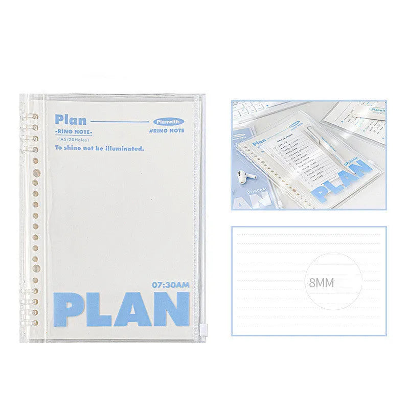 Clear PVC A5 notebook cover showing spiral binding slot and document pockets in white and blue colour options