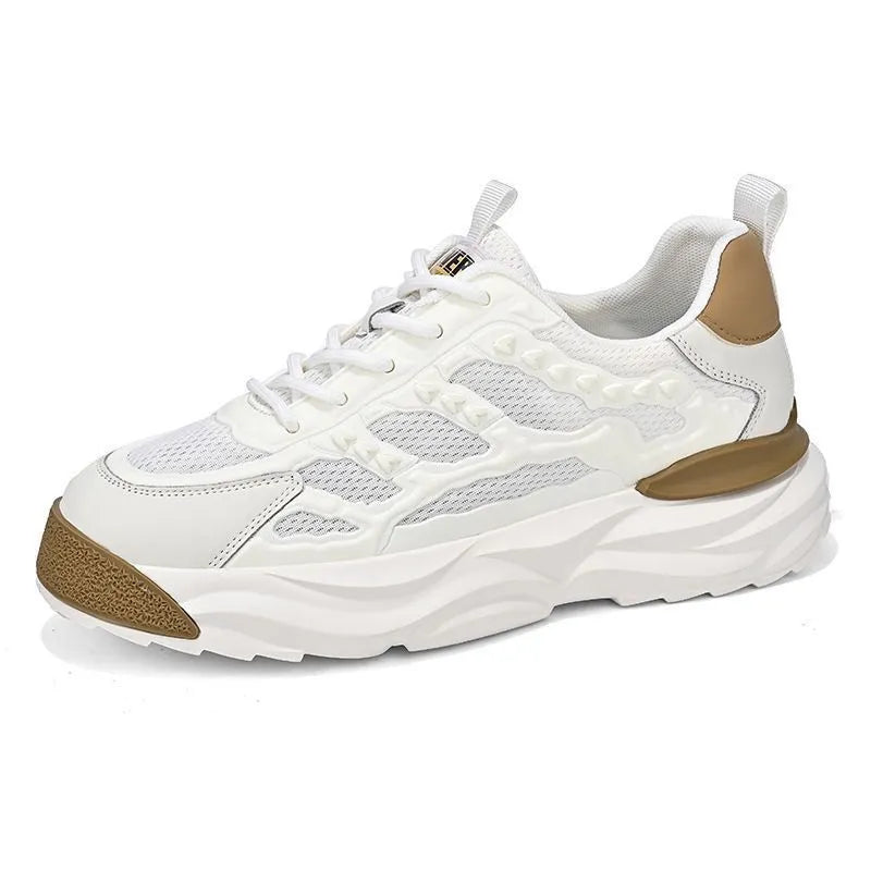 Men's solid colour breathable mesh shoes with round toe, shown in black and white colour options.