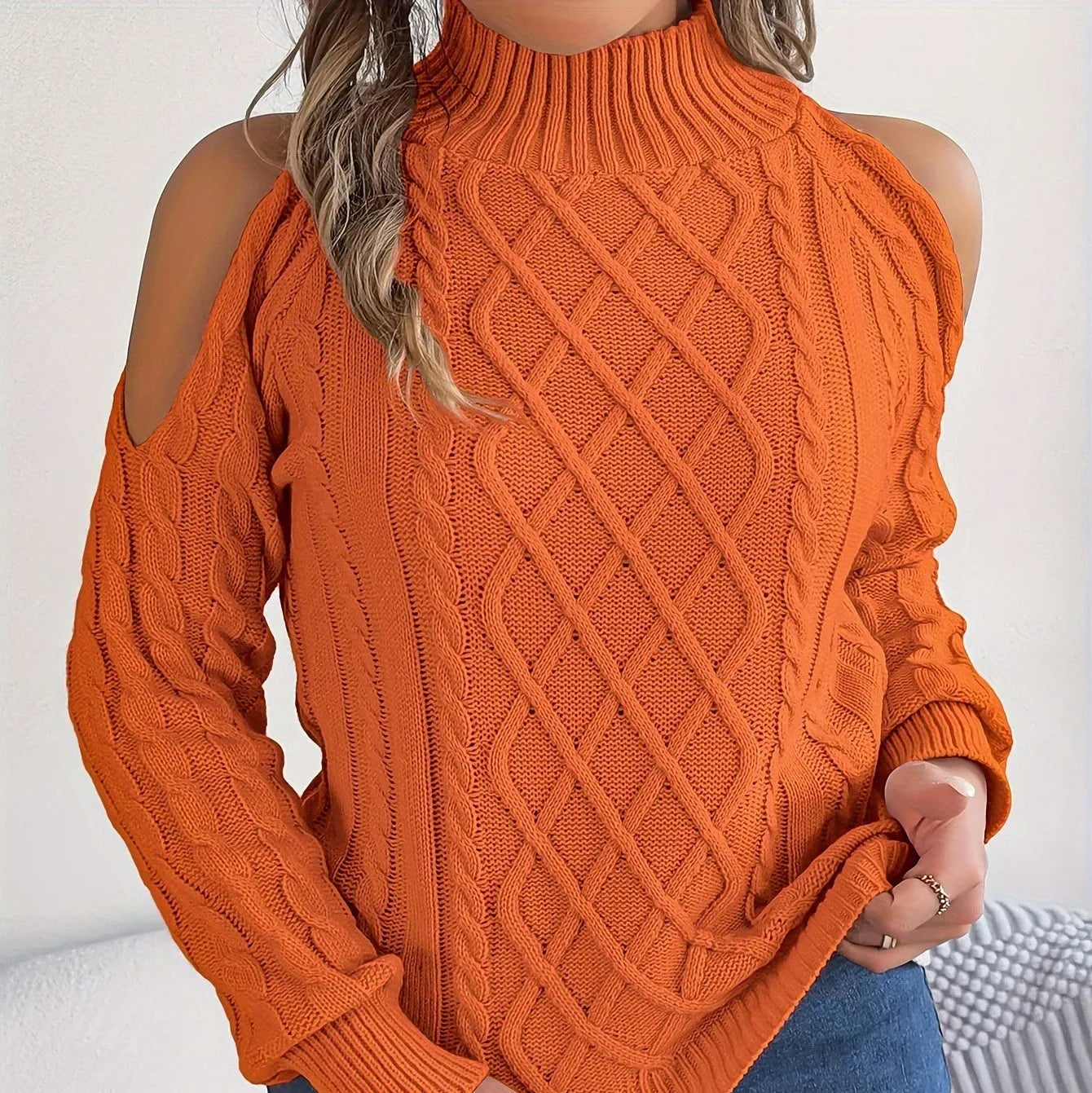 Women's gray acrylic sweater with twisted pattern, strapless half-high collar, and long lantern sleeves.
