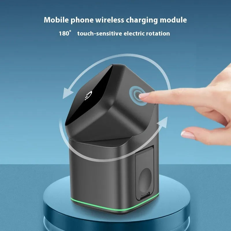Mobile phone magnetic wireless charging stand showing 180-degree rotation feature in black finish