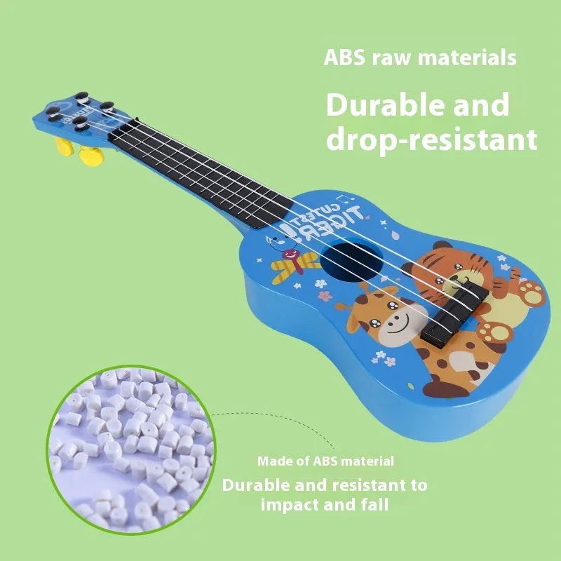 Children's plastic ukulele toy in animal designs, small size, on white background