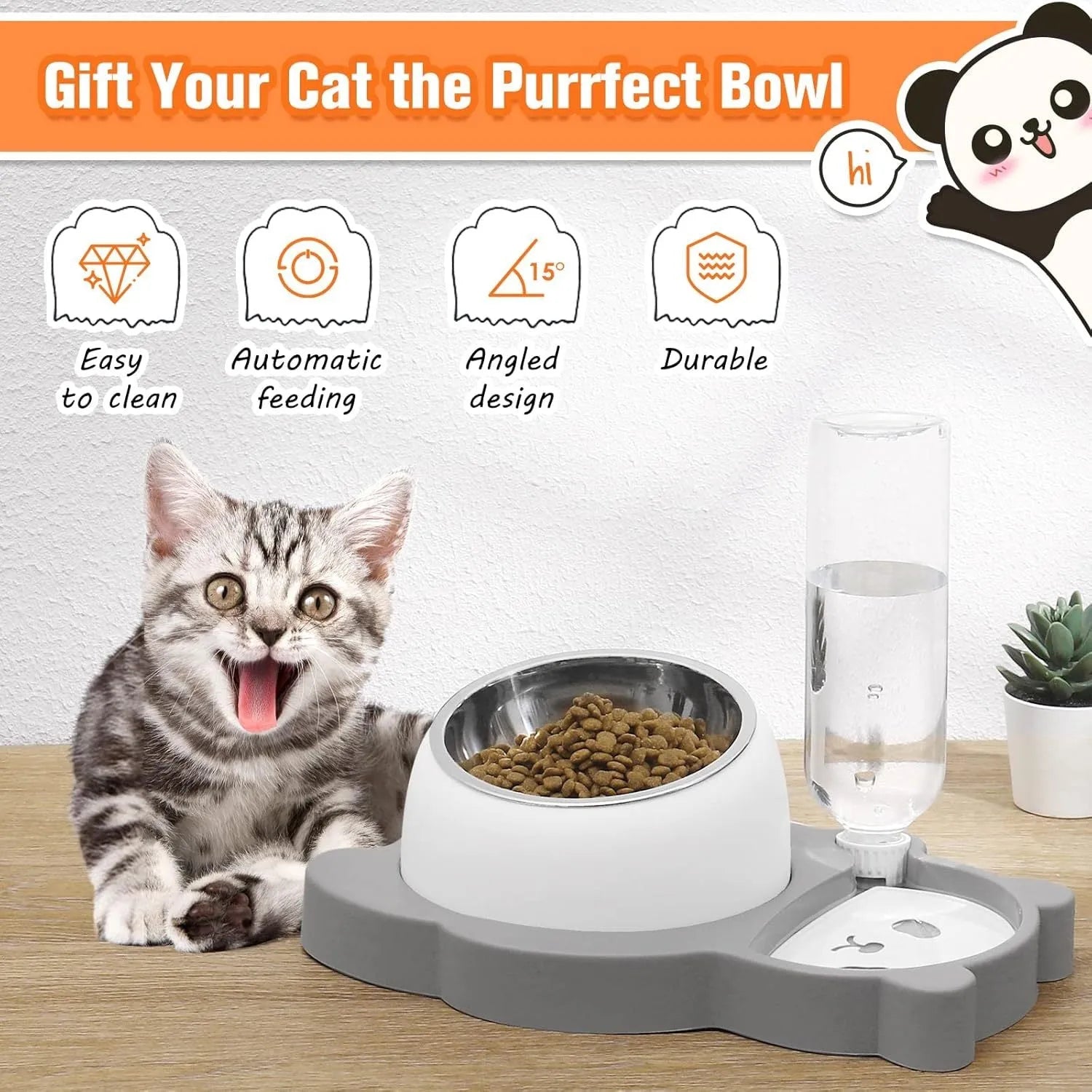 Grey panda-shaped pet feeder with tilted stainless steel bowl and automatic water bottle