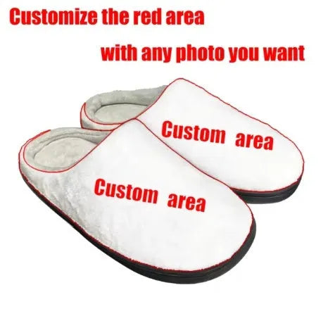 Custom printed pattern on warm flannel slippers with a TPR sole.