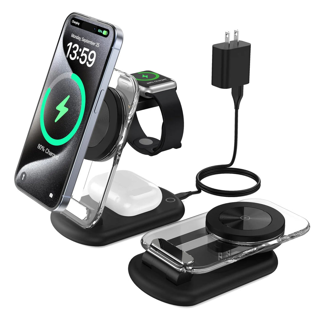 Transparent folding magnetic three-in-one wireless charger showing internal components