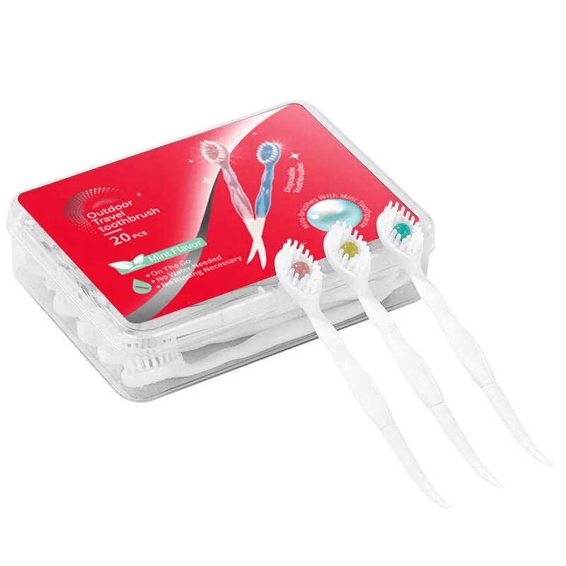Box of 20 mint flavour disposable chewable bead toothbrushes for travel.