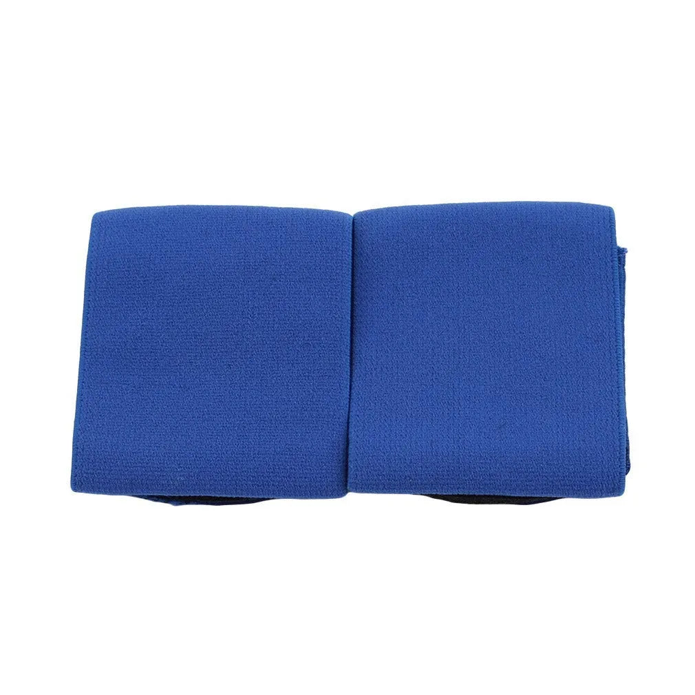 Rubber football shin guard fixation strap shown in multiple colours with approximate 25x6.5cm dimensions