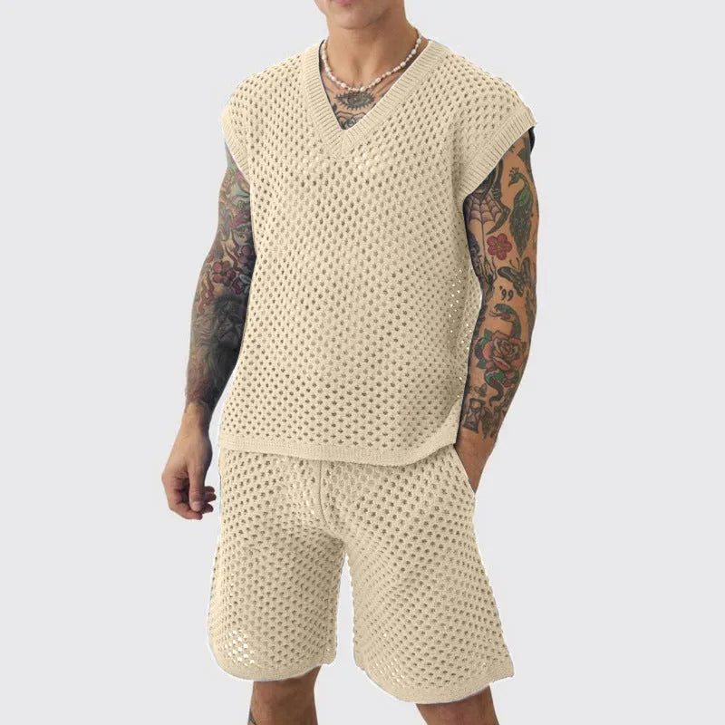 Men's blue V-neck vest and matching shorts summer sports suit