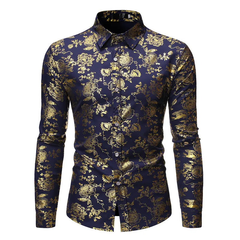 Men's metal bronzing printed lapel shirt in polyester fabric with digital printing detail
