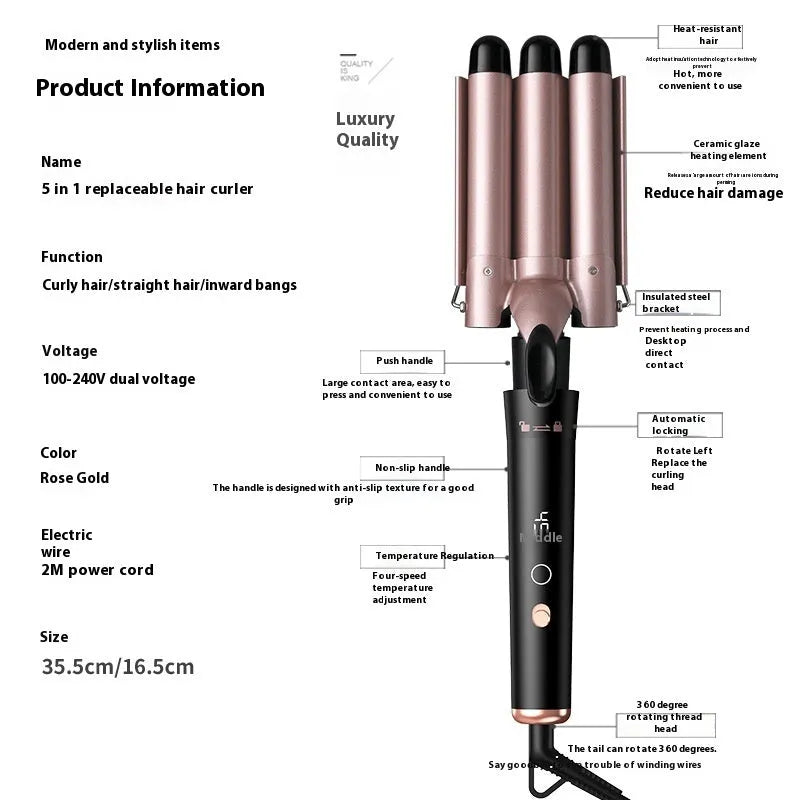 Rose gold negative ion hair curler with LCD screen and five interchangeable styling tubes
