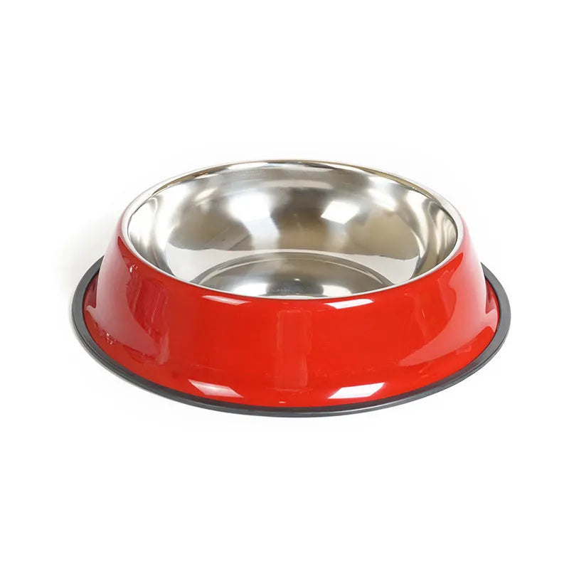 Stainless steel pet bowl inside colourful melamine pot with non-slip base