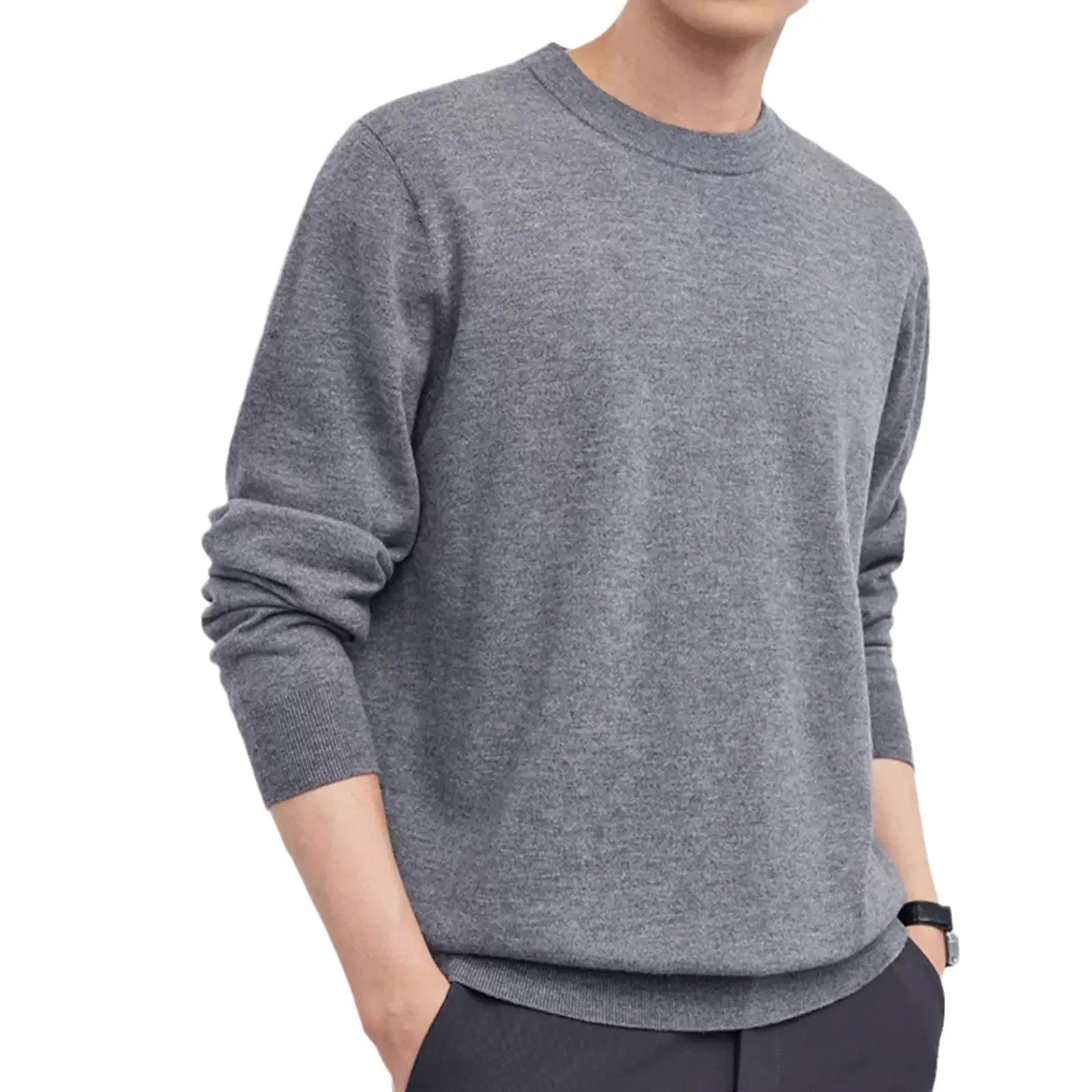 Men's regular fit wool pullover sweater in light camel colour, showing long sleeves and classic knit texture.