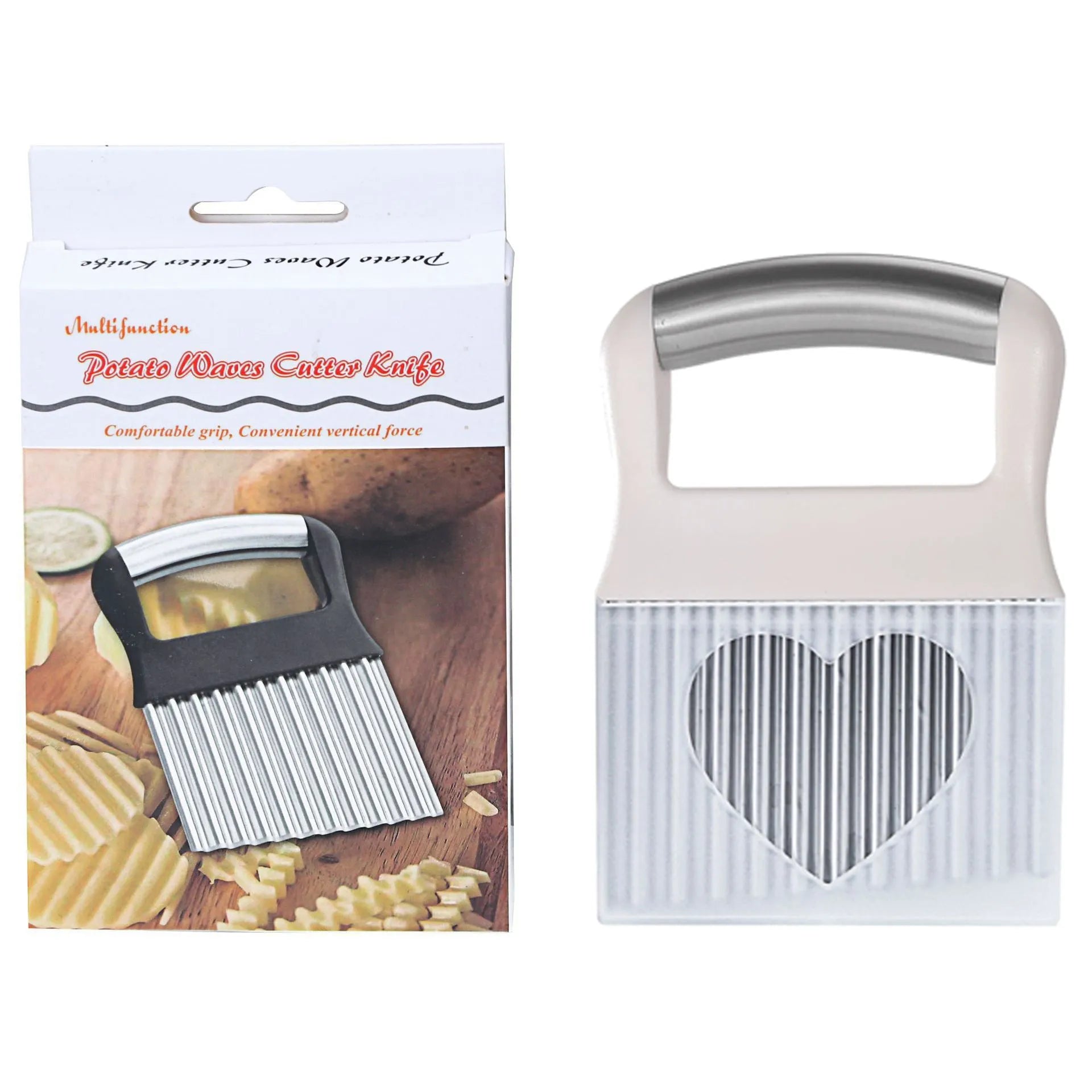 Stainless steel potato wave knife on a kitchen counter, showing its crinkle cut blade and compact 14 cm size.
