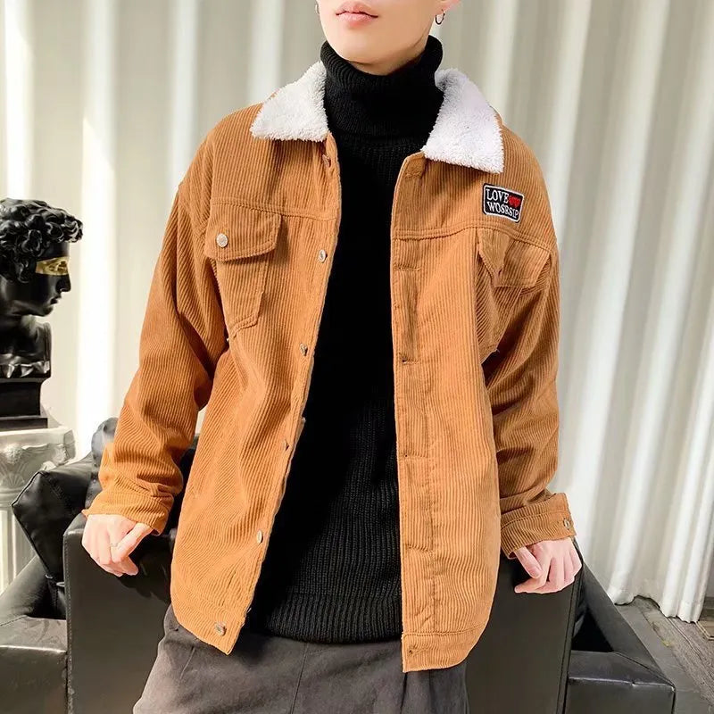 Men's loose fit corduroy workwear jacket in khaki colour with stick pockets and regular sleeves