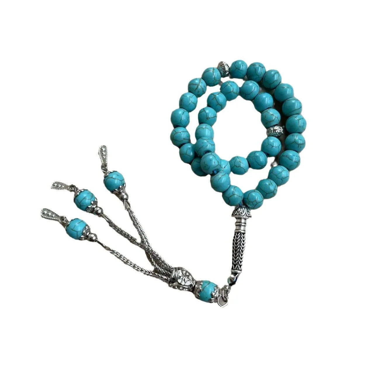 Sky blue natural stone bead Muslim prayer bracelet with 8mm spherical beads on a cord.