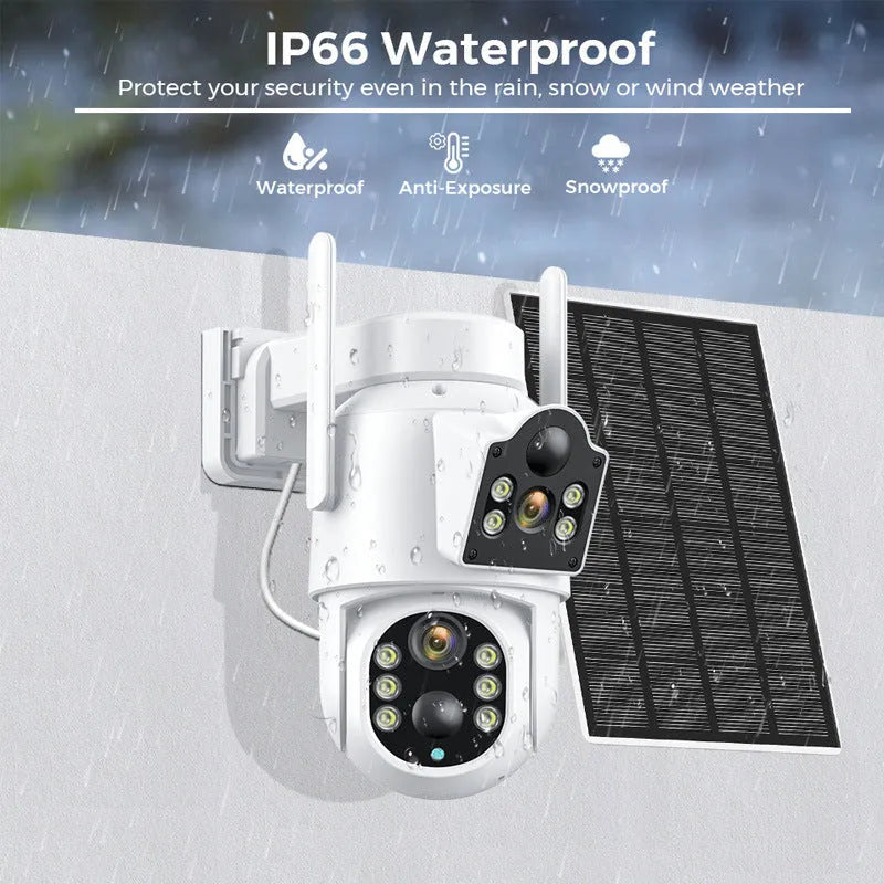Outdoor solar wifi security camera with solar panel in garden setting