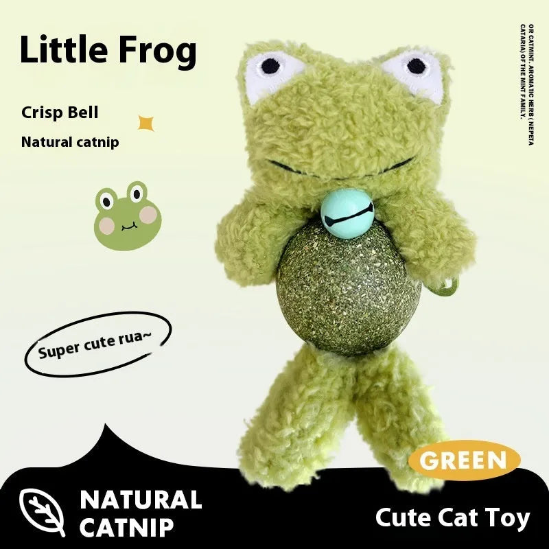 Plush catnip ball toy shaped as animal character with mint ball centre for cat biting relief