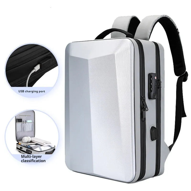 Men's waterproof business backpack in Oxford cloth PC material showing black and silver white colour options