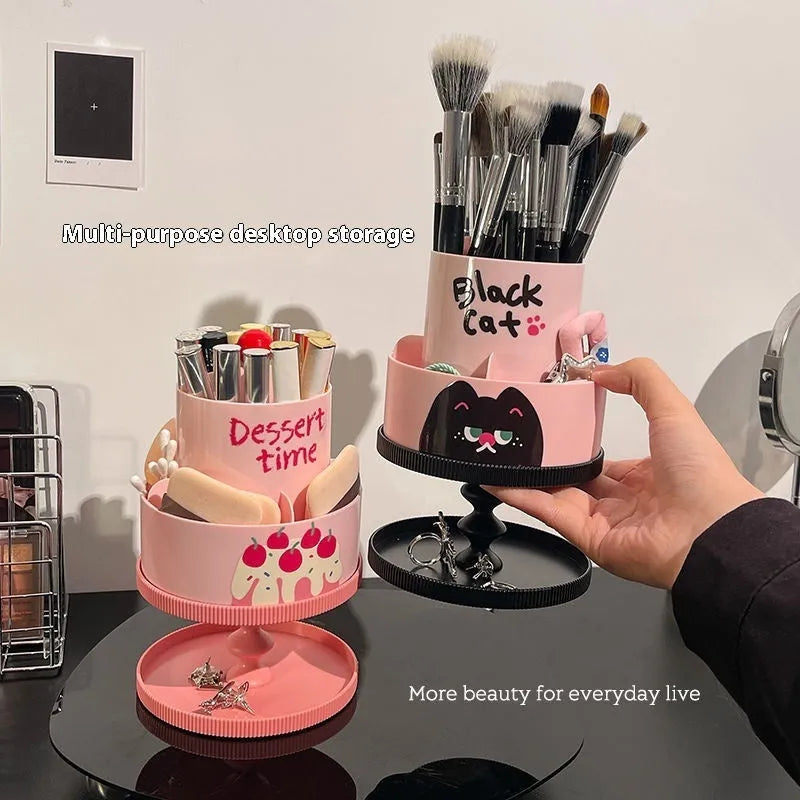 Japanese-style rotating cosmetic brush storage barrel with removable organiser rack in beige colour