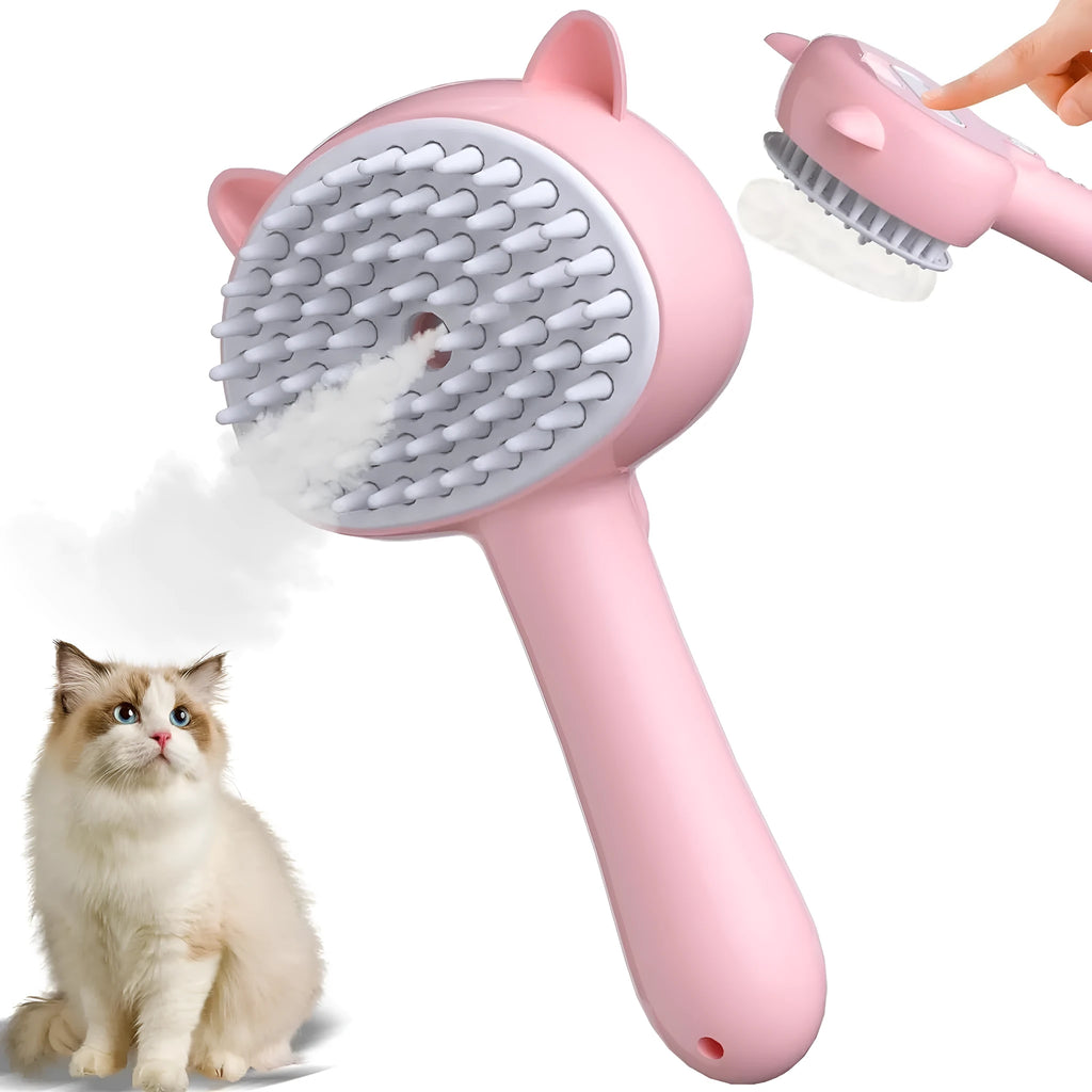 Cat ear-shaped steam brush with soft rubber bristles and release button in blue colour
