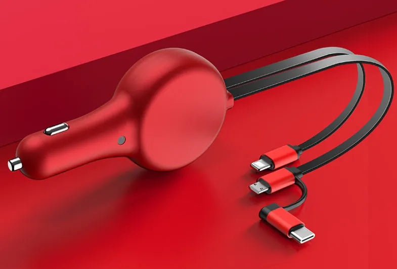 Black retractable car charger with extended cables showing QC3.0 and PD charging heads