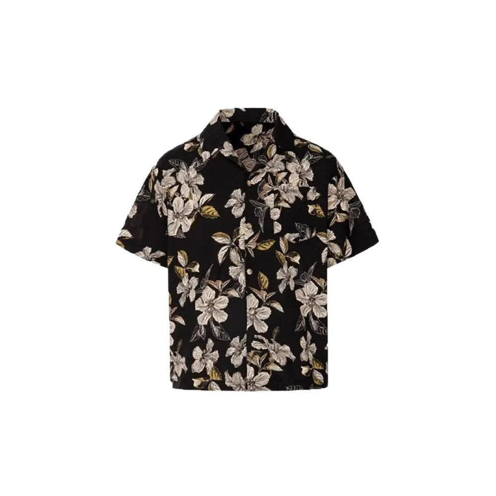 Black floral print men's shirt with Cuban collar in ice silk fabric
