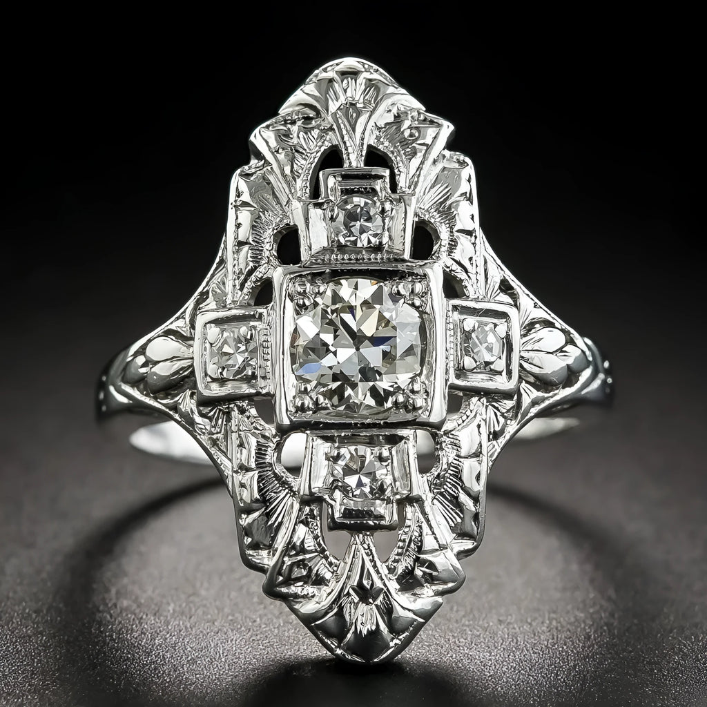 Copper ring with electroplated silver finish, hollow out geometry design and diamond studs