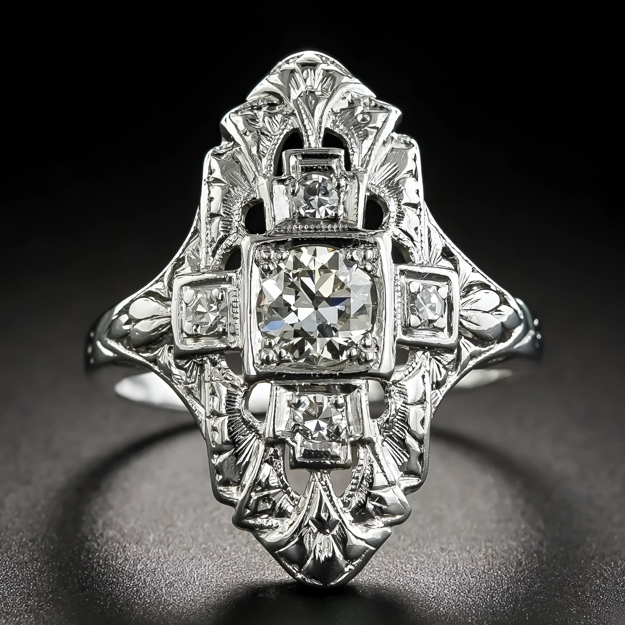 Copper ring with electroplated silver finish, hollow out geometry design and diamond studs